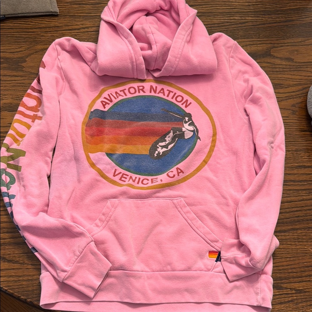 Aviator Nation Pink Hoodie with Rainbow Logo